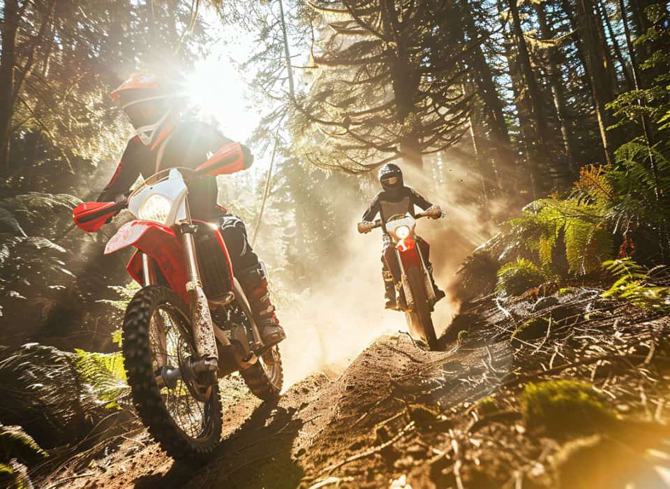 Two motocross riders speeding through a forest trail with sunlight streaming through the trees.
