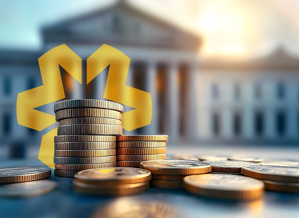 Stacks of coins in the foreground with a blurred government-style building in the background, overlaid with a Wayne Bank logo. 