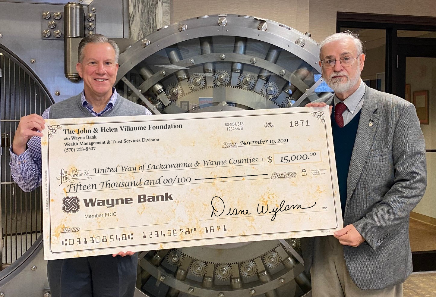 PHOTO CAPTION-LEFT TO RIGHT: Lewis J. Critelli, Villaume Foundation board member, and William Cockerill, AFL-CIO Community Services Liaison for the United Way of Lackawanna and Wayne Counties.