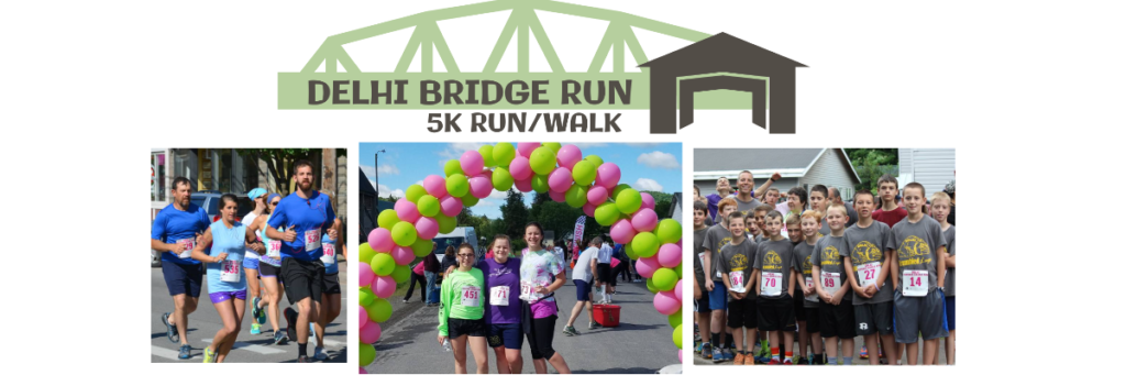 Images of people running in a race over a bridge