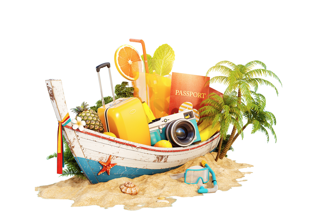 Vacation Savings Logo with Boat holding various vacation related items like a passport, camera, travel bag.