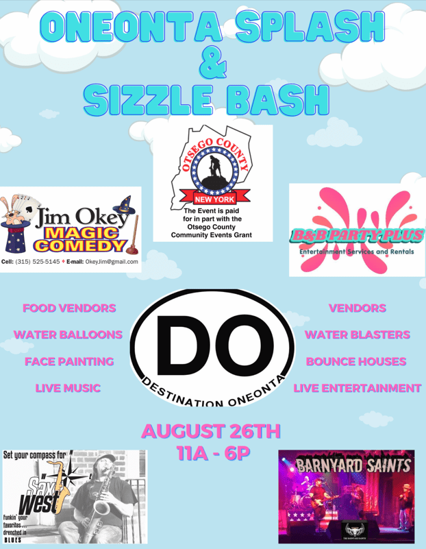 Image of poster describing Oneonta Splash & Sizzle Bash on August 26th from 11am to 6pm.