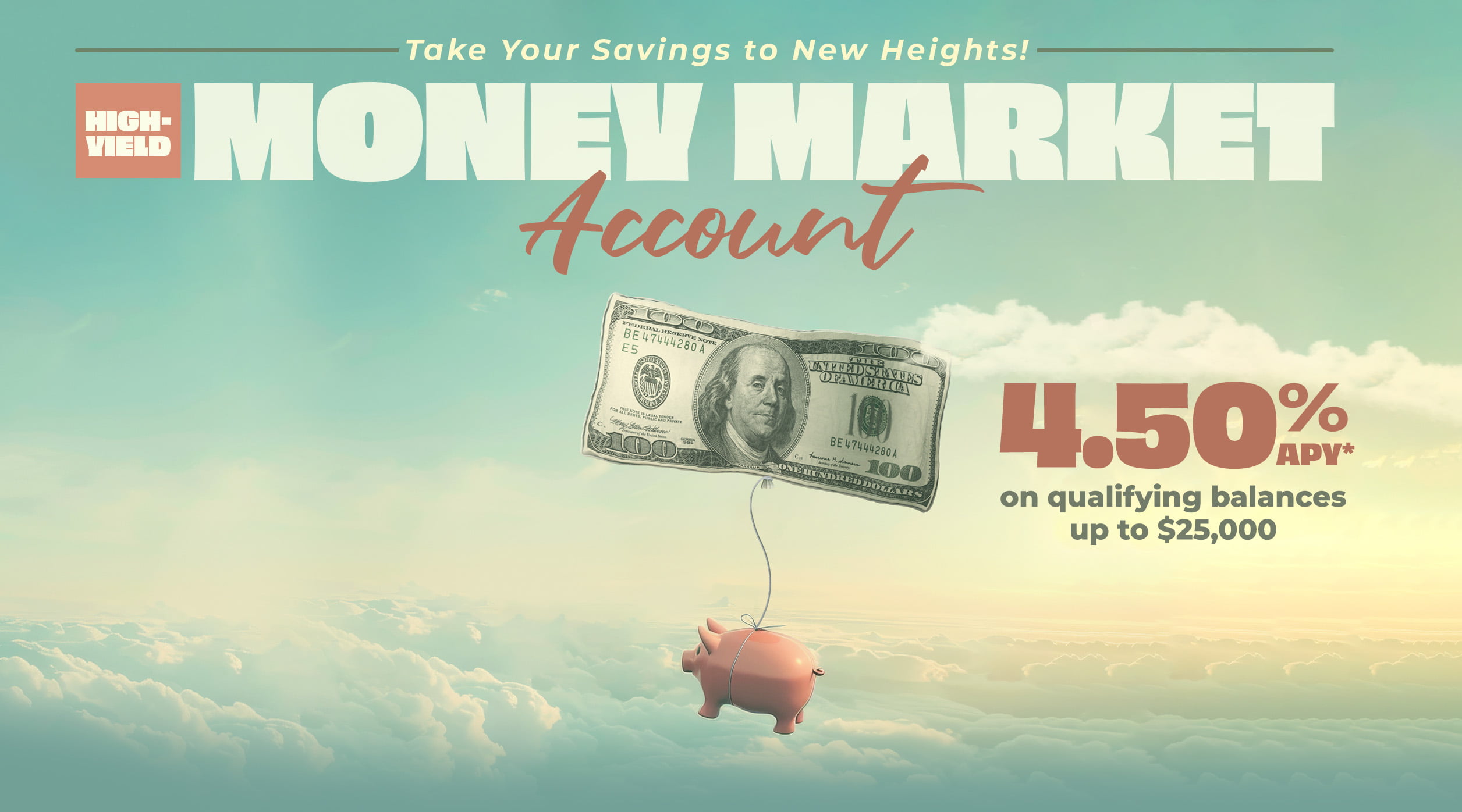 Take your savings to new heights - High Yield Money market account. 4.50% APY* on qualifying balances up to $25,000. 
