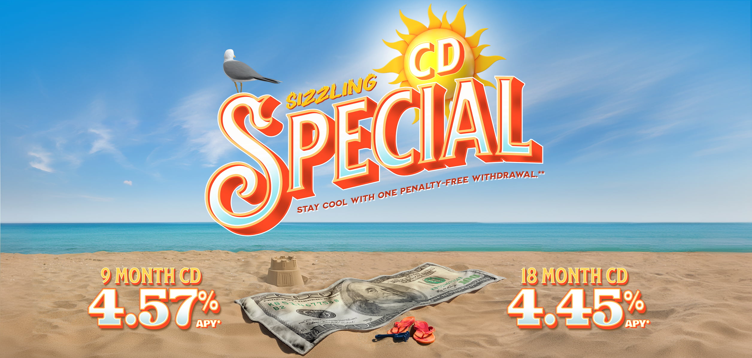Sizzling Special Stay Cool with One Penalty-Free Withdrawal** 9 Month CD for 4.57% APY and 18 Month CD for 4.45% APY